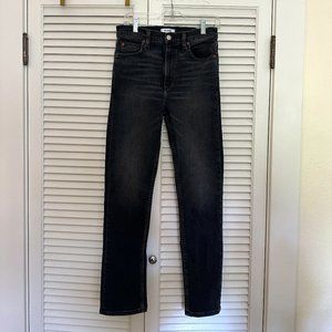 RE/DONE COMFORT STRETCH 70s STRAIGHT FADED BLACK JEANS. HIGH WAISTED. SIZE 28